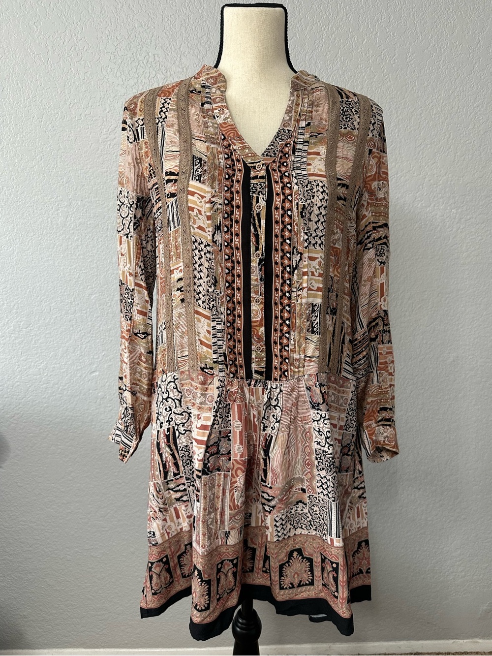 Anthropologie Patchwork Boho Drop Waist Tunic Dress S Pockets Lace Artsy Granola